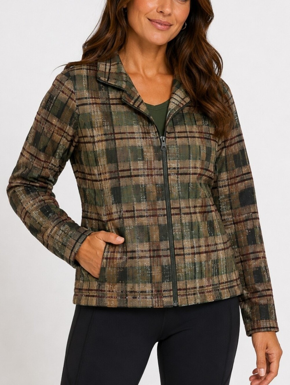Selene Sport ~Woman Size XL~ Brown/Green Fall Plaid Jacket Zip-Up Long Sleeve.